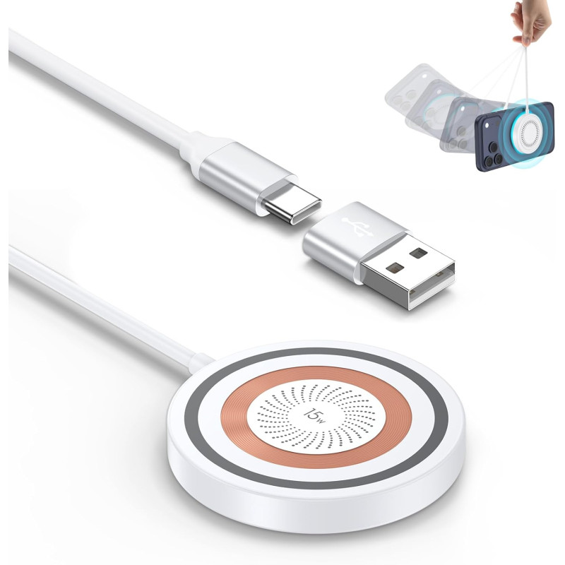 Chargeur Induction Magnétique pour iPhone 17 Pro Max 16 15 14 13 12, 15W Chargeur sans Fil MagSafe Charge Rapide pour Google Pix