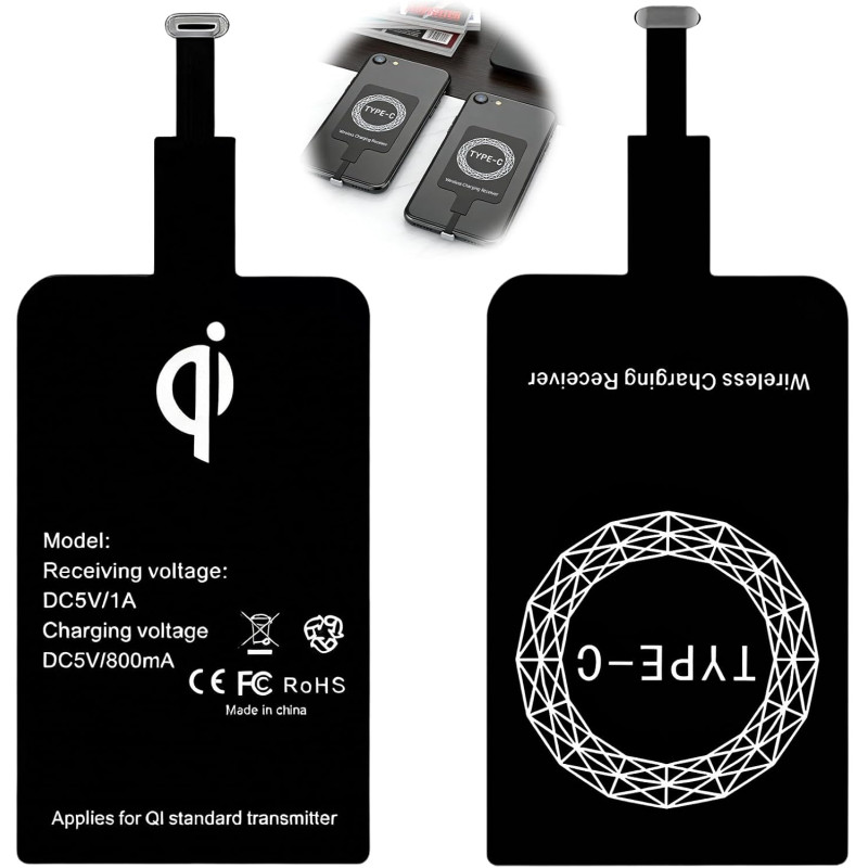 2 Pièces Récepteur de Charge sans Fil Qi USB C Ultra Fin 1 mm 5V/1A, Adaptateur Induction Téléphone, Chargeur à Induction pour S
