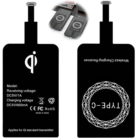 2 Pièces Récepteur de Charge sans Fil Qi USB C Ultra Fin 1 mm 5V/1A, Adaptateur Induction Téléphone, Chargeur à Induction pour S