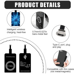 2 Pièces Récepteur de Charge sans Fil Qi USB C Ultra Fin 1 mm 5V/1A, Adaptateur Induction Téléphone, Chargeur à Induction pour S