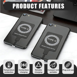 2 Pièces Récepteur de Charge sans Fil Qi USB C Ultra Fin 1 mm 5V/1A, Adaptateur Induction Téléphone, Chargeur à Induction pour S