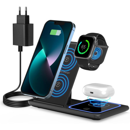 Chargeur Induction sans Fil 4 en 1 Pliable 15W, Station de Charge Qi pour i Phone 15/14/13/12/11/XS/XR/SE, A pple Watch Ultra/9/