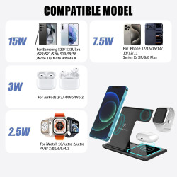 Chargeur Induction sans Fil 4 en 1 Pliable 15W, Station de Charge Qi pour i Phone 15/14/13/12/11/XS/XR/SE, A pple Watch Ultra/9/