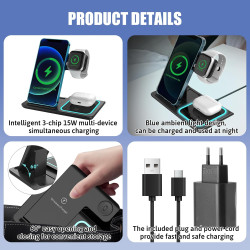 Chargeur Induction sans Fil 4 en 1 Pliable 15W, Station de Charge Qi pour i Phone 15/14/13/12/11/XS/XR/SE, A pple Watch Ultra/9/
