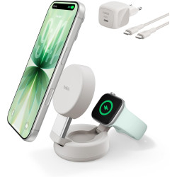 Belkin ultracharge chargeur magsafe 2-en-1, socle de recharge qi2.2 25 w aimanté et pliable pour iphone 17, apple watch series 1
