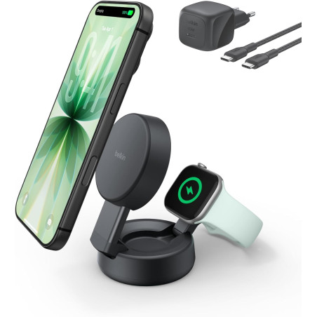 Belkin UltraCharge Chargeur MagSafe 2-en-1, Socle De Recharge Qi2.2 25 W Aimanté Et Pliable pour iPhone 17, Apple Watch Series 1