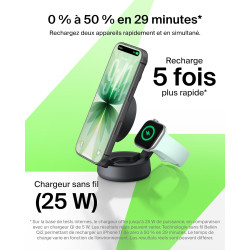 Belkin UltraCharge Chargeur MagSafe 2-en-1, Socle De Recharge Qi2.2 25 W Aimanté Et Pliable pour iPhone 17, Apple Watch Series 1
