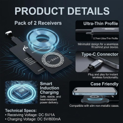 2 Pièces Récepteur Charge sans Fil USB C, Ultra Fin 1mm Adaptateur Induction 5V/1A, Module Chargeur sans Fil Type C Compatible a
