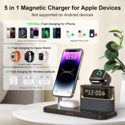 Chargeur sans Fil 5-en-1 avec réveil, Station de Charge sans Fil avec veilleuse Compatible avec iPhone 17 16 15 14 13 12 Pro Max