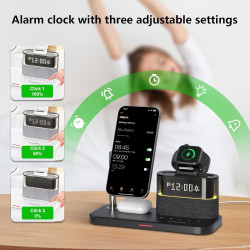 Chargeur sans Fil 5-en-1 avec réveil, Station de Charge sans Fil avec veilleuse Compatible avec iPhone 17 16 15 14 13 12 Pro Max