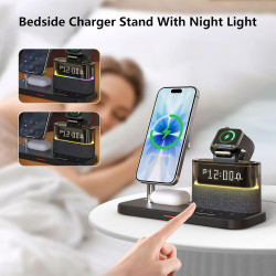Chargeur sans Fil 5-en-1 avec réveil, Station de Charge sans Fil avec veilleuse Compatible avec iPhone 17 16 15 14 13 12 Pro Max