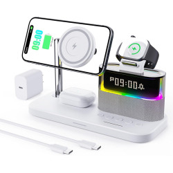 Chargeur sans Fil 5-en-1 avec réveil, Station de Charge sans Fil avec veilleuse pour iPhone 17 16 15 14 13 12 Pro Max, Apple Wat