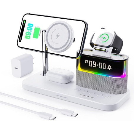 Chargeur sans Fil 5-en-1 avec réveil, Station de Charge sans Fil avec veilleuse pour iPhone 17 16 15 14 13 12 Pro Max, Apple Wat