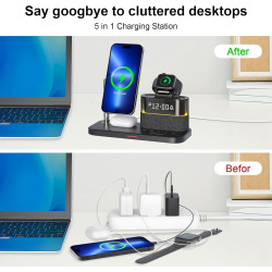 Chargeur sans Fil 5-en-1 avec réveil, Station de Charge sans Fil avec veilleuse pour iPhone 17 16 15 14 13 12 Pro Max, Apple Wat