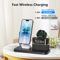 Chargeur sans Fil 5-en-1 avec réveil, Station de Charge sans Fil avec veilleuse pour iPhone 17 16 15 14 13 12 Pro Max, Apple Wat
