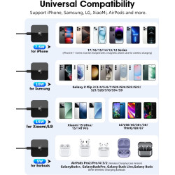 Chargeur portable sans fil 2 en 1 ultra fin 15 W pour iPhone 17/16/15/14/13/12 et Samsung Galaxy S25/S24/S23/S22/S21/S20, compat