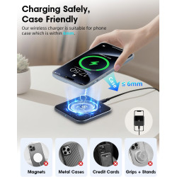 Chargeur portable sans fil 2 en 1 ultra fin 15 W pour iPhone 17/16/15/14/13/12 et Samsung Galaxy S25/S24/S23/S22/S21/S20, compat