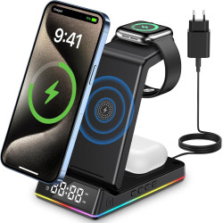 Chargeur Induction iPhone 5 en 1 avec Horloge LED, Chargeur sans Fil Rapide Pliable, Station de Charge pour iPhone, Montre et Éc