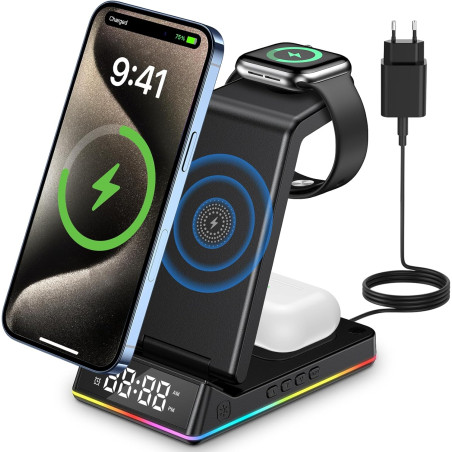 Chargeur Induction iPhone 5 en 1 avec Horloge LED, Chargeur sans Fil Rapide Pliable, Station de Charge pour iPhone, Montre et Éc