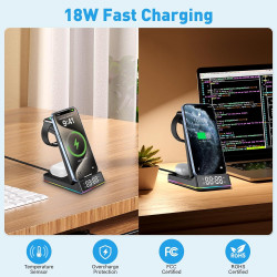 Chargeur Induction iPhone 5 en 1 avec Horloge LED, Chargeur sans Fil Rapide Pliable, Station de Charge pour iPhone, Montre et Éc