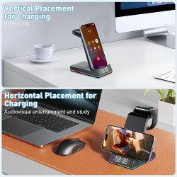 Chargeur Induction iPhone 5 en 1 avec Horloge LED, Chargeur sans Fil Rapide Pliable, Station de Charge pour iPhone, Montre et Éc