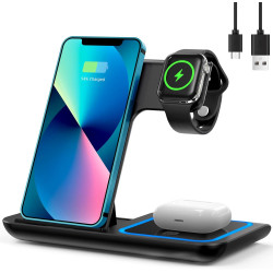 Chargeur Induction iPhone 3 en 1, Chargeur sans Fil Pliable, Station de Charge pour iPhone, Montre et Écouteurs, Chargeur iPhone