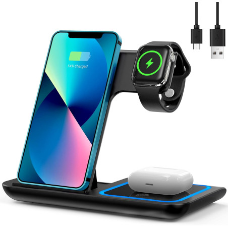 Chargeur Induction iPhone 3 en 1, Chargeur sans Fil Pliable, Station de Charge pour iPhone, Montre et Écouteurs, Chargeur iPhone