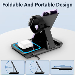 Chargeur Induction iPhone 3 en 1, Chargeur sans Fil Pliable, Station de Charge pour iPhone, Montre et Écouteurs, Chargeur iPhone