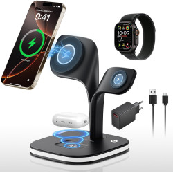Chargeur Induction iPhone 3 en 1 Design, Chargeur sans Fil avec Support Magnétique et LED, Station de Charge pour iPhone, Montre