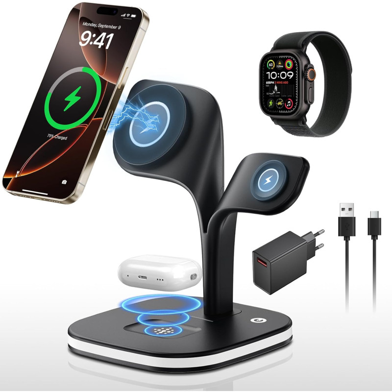 Chargeur Induction iPhone 3 en 1 Design, Chargeur sans Fil avec Support Magnétique et LED, Station de Charge pour iPhone, Montre