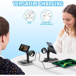 Chargeur Induction iPhone 3 en 1 Design, Chargeur sans Fil avec Support Magnétique et LED, Station de Charge pour iPhone, Montre
