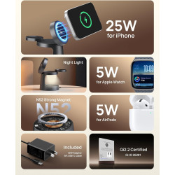 SODI UltraCharge Station de Charge 3 en 1, Chargeur Induction 25 W, Chargeur sans Fil Magnétique avec Veilleuse pour iPhone 17/1