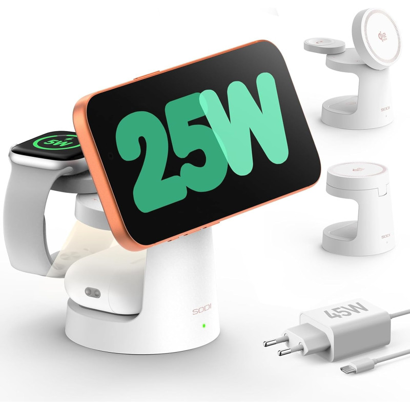 SODI UltraCharge Station de Charge 3 en 1, Chargeur Induction 25 W, Chargeur sans Fil Magnétique avec Veilleuse pour iPhone 17/1