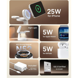 SODI UltraCharge Station de Charge 3 en 1, Chargeur Induction 25 W, Chargeur sans Fil Magnétique avec Veilleuse pour iPhone 17/1