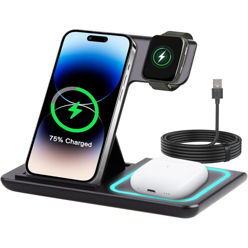 Station de Charge sans Fil 3 en 1 pour iPhone 15/14/13/12 Pro/Pro Max, pour Samsung Galaxy S24/S23/Z Flip/Z Fold, Chargeur à Ind