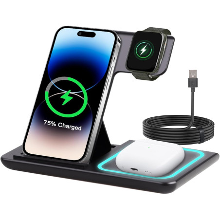 Station de Charge sans Fil 3 en 1 pour iPhone 15/14/13/12 Pro/Pro Max, pour Samsung Galaxy S24/S23/Z Flip/Z Fold, Chargeur à Ind