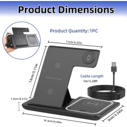 Station de Charge sans Fil 3 en 1 pour iPhone 15/14/13/12 Pro/Pro Max, pour Samsung Galaxy S24/S23/Z Flip/Z Fold, Chargeur à Ind