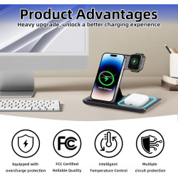 Station de Charge sans Fil 3 en 1 pour iPhone 15/14/13/12 Pro/Pro Max, pour Samsung Galaxy S24/S23/Z Flip/Z Fold, Chargeur à Ind