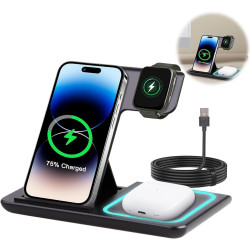 Station de Charge sans Fil 3 en 1 pour iPhone 15/14/13/12 Pro/Pro Max, pour Samsung Galaxy S24/S23/Z Flip/Z Fold, Chargeur à Ind