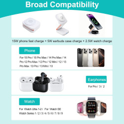 Chargeur 3 en 1 sans fil magnétique pliable 15w, station de recharge rapide pour phone 17/16/15/14/13/12, montre connectée ultra