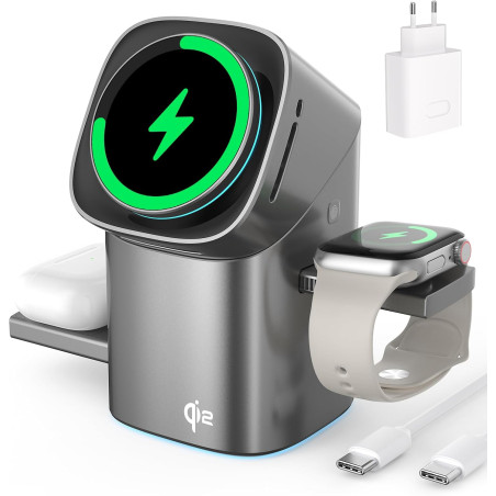 Station de Charge à Induction 3-en-1 QI2, Charge sans Fil, Prend en Charge la Charge Rapide, Support de téléphone Compatible ave