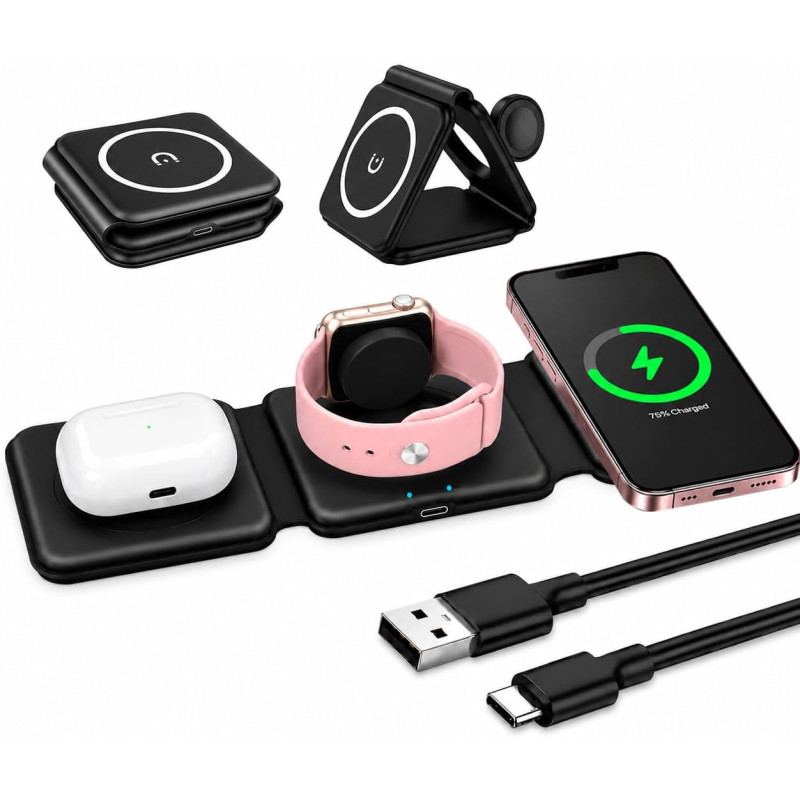 Chargeur Induction for iPhone 3 en 1 Pliable Station de Charge Rapide 15W Chargeur Portable Pliable pour Apple Watch 10 9 8 Ultr