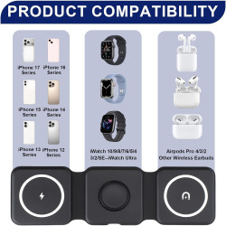 Chargeur Induction for iPhone 3 en 1 Pliable Station de Charge Rapide 15W Chargeur Portable Pliable pour Apple Watch 10 9 8 Ultr