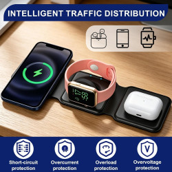 Chargeur Induction for iPhone 3 en 1 Pliable Station de Charge Rapide 15W Chargeur Portable Pliable pour Apple Watch 10 9 8 Ultr