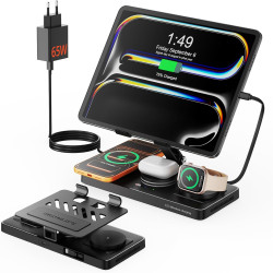 GEEKERA Station de Charge 4-en-1 pour Apple, Câble Escamotable pour iPad, Chargeur Magnétique sans Fil pour iPhone 12-17/Air/Pro