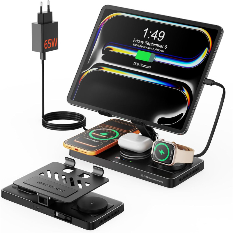 GEEKERA Station de Charge 4-en-1 pour Apple, Câble Escamotable pour iPad, Chargeur Magnétique sans Fil pour iPhone 12-17/Air/Pro