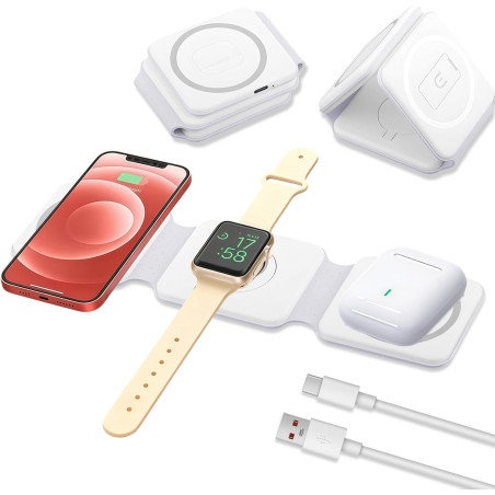 Chargeur Induction Magnétique 3 en 1 Pliable, Chargeur sans Fil Station de Charge Compatible avec iPhone 17/16/15/14/13/12, Appl