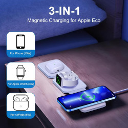 Chargeur Induction Magnétique 3 en 1 Pliable, Chargeur sans Fil Station de Charge Compatible avec iPhone 17/16/15/14/13/12, Appl