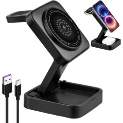 Chargeur sans Fil 3 en 1 Pliable 15W Compatible avec Mag Safe, Station de Charge Rapide pour i Phone 17/16/15/14/13/12, A pple W