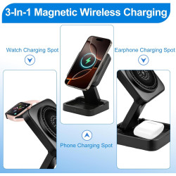 Chargeur sans Fil 3 en 1 Pliable 15W Compatible avec Mag Safe, Station de Charge Rapide pour i Phone 17/16/15/14/13/12, A pple W